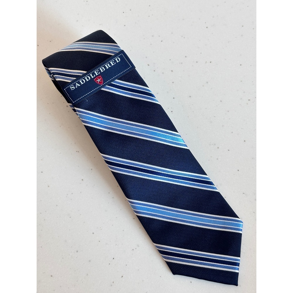 NWT Saddlebred Mens Navy Blue Striped Silk Blend Necktie Stain Resistant Tie
